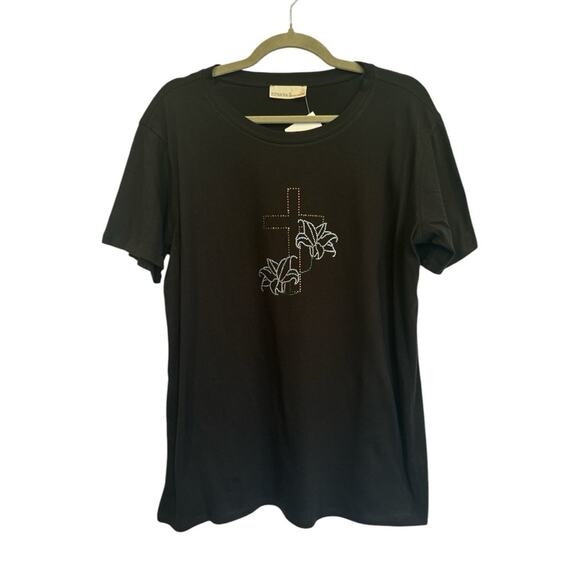 Rhinestone Cross & Easter Lily T-Shirt Short Sleeve Black Tee NEW Sparkly! - Picture 2 of 5